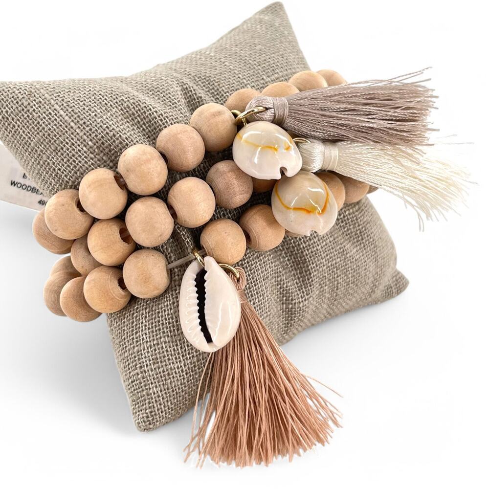 Wood Bead Stretch Bracelet Cowrie Shell and Tassel Boho Wooden Lot of 3